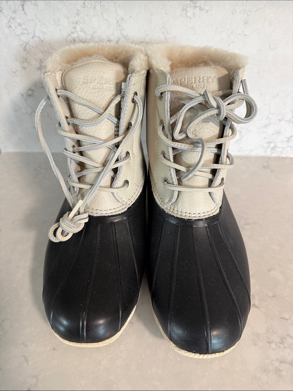 Sperry Two-Tone Tall Duck Boots in Black and Cream- never worn